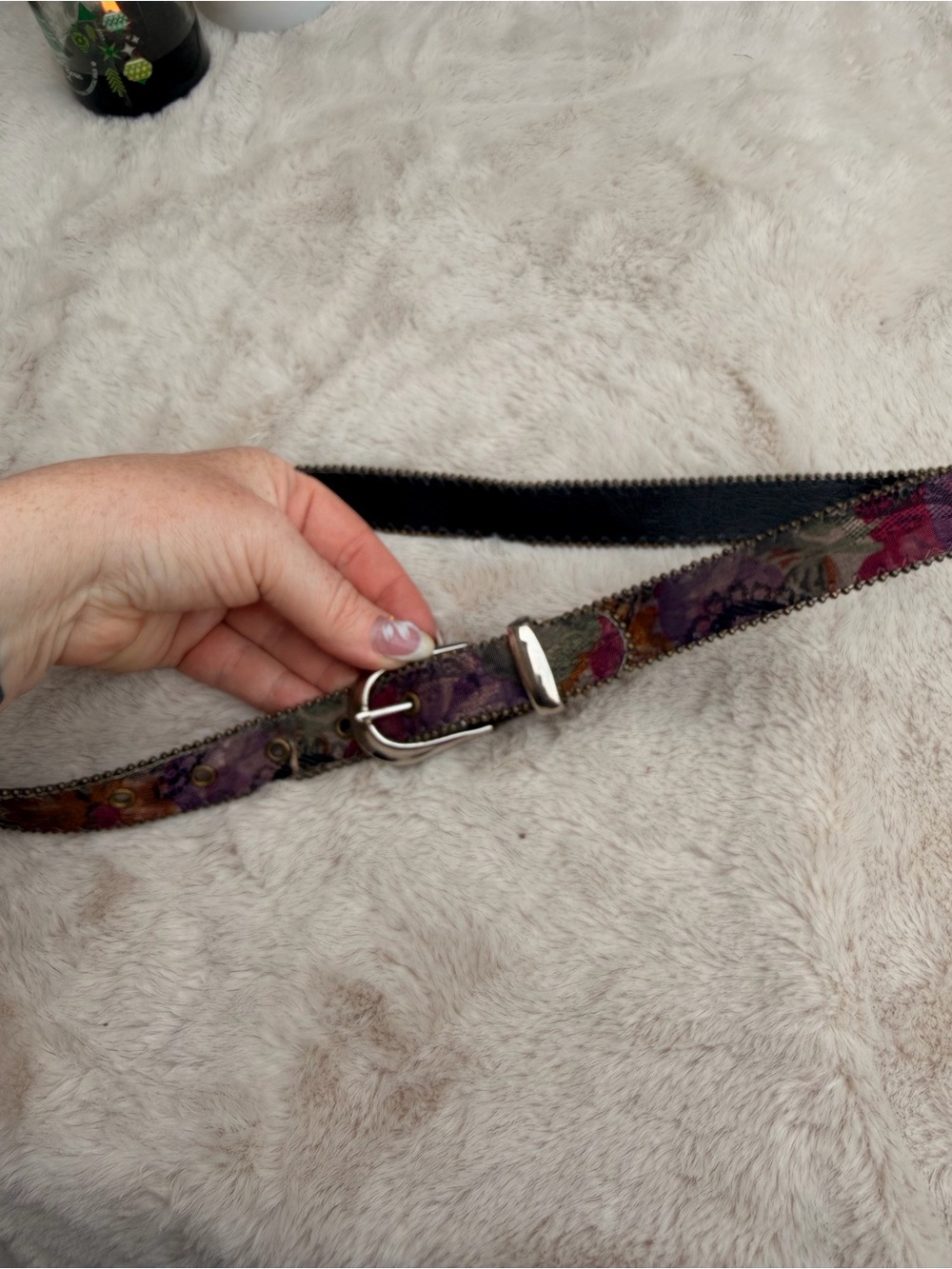 VintageFloral Purple Leather Women's Belt with Silver Buckle